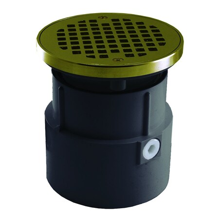 Jones Stephens 4in PVC Over Pipe Fit Drain Base, 3-1/2in Plastic Spud, 5in Polished Brass Strainer, Ring D53416